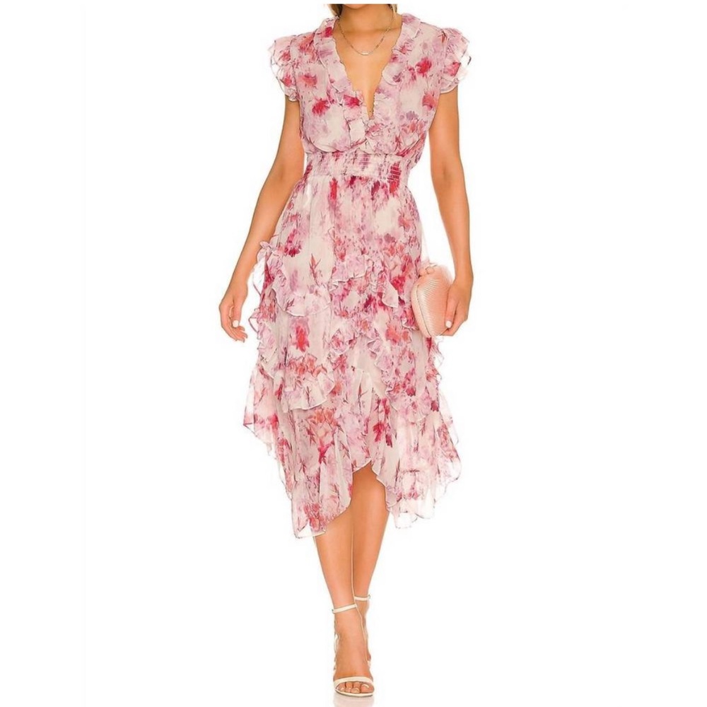 MISA Los Angeles Dakota Midi Ruffle Floral Chiffon Dress Small